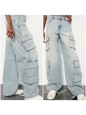 Zara Light Blue Wide Leg Cargo Jeans